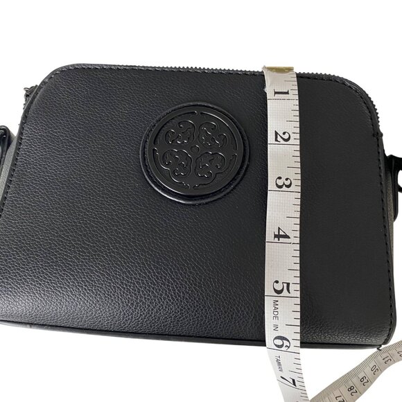 Small Black Leather Effect Crossbody Bag with Emblem & Wide Strap Neutral Travel - Picture 15 of 16